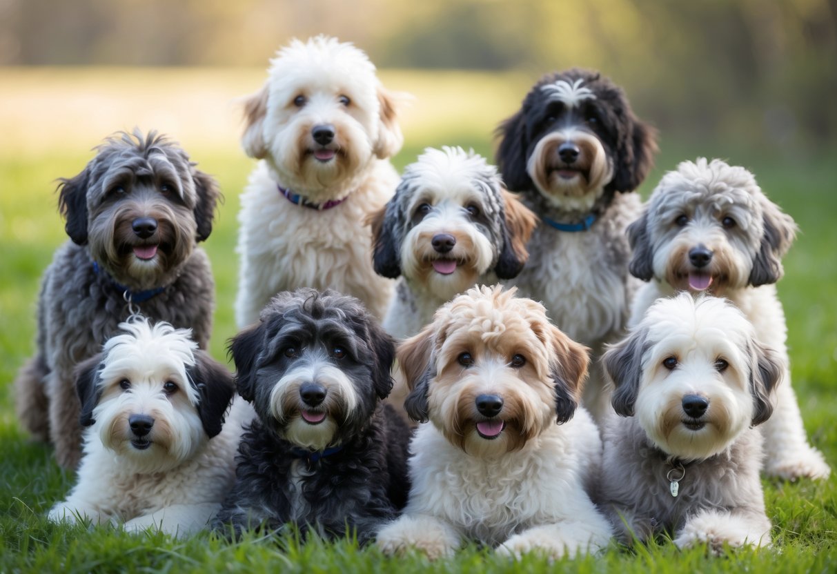 A group of 15 Sheepadoodle dogs outdoors on green grass, some sitting and some standing.
