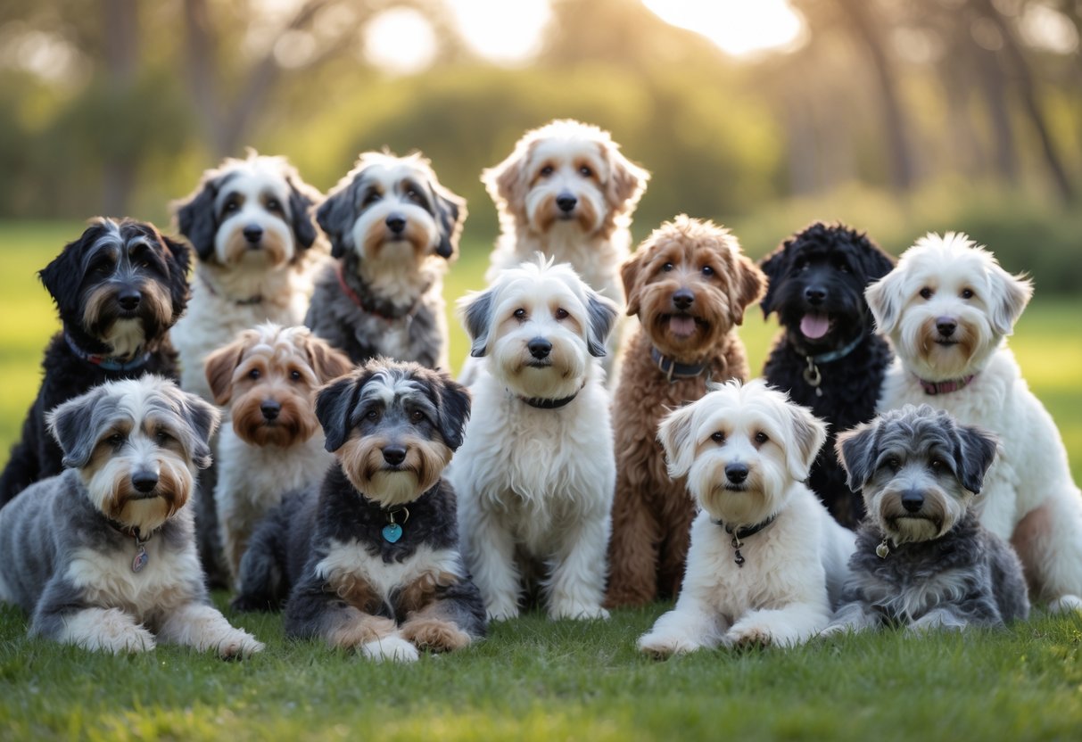 Fifteen Aussiedoodle dogs sitting and standing on grass outdoors, showing various coat colors and fluffy fur.