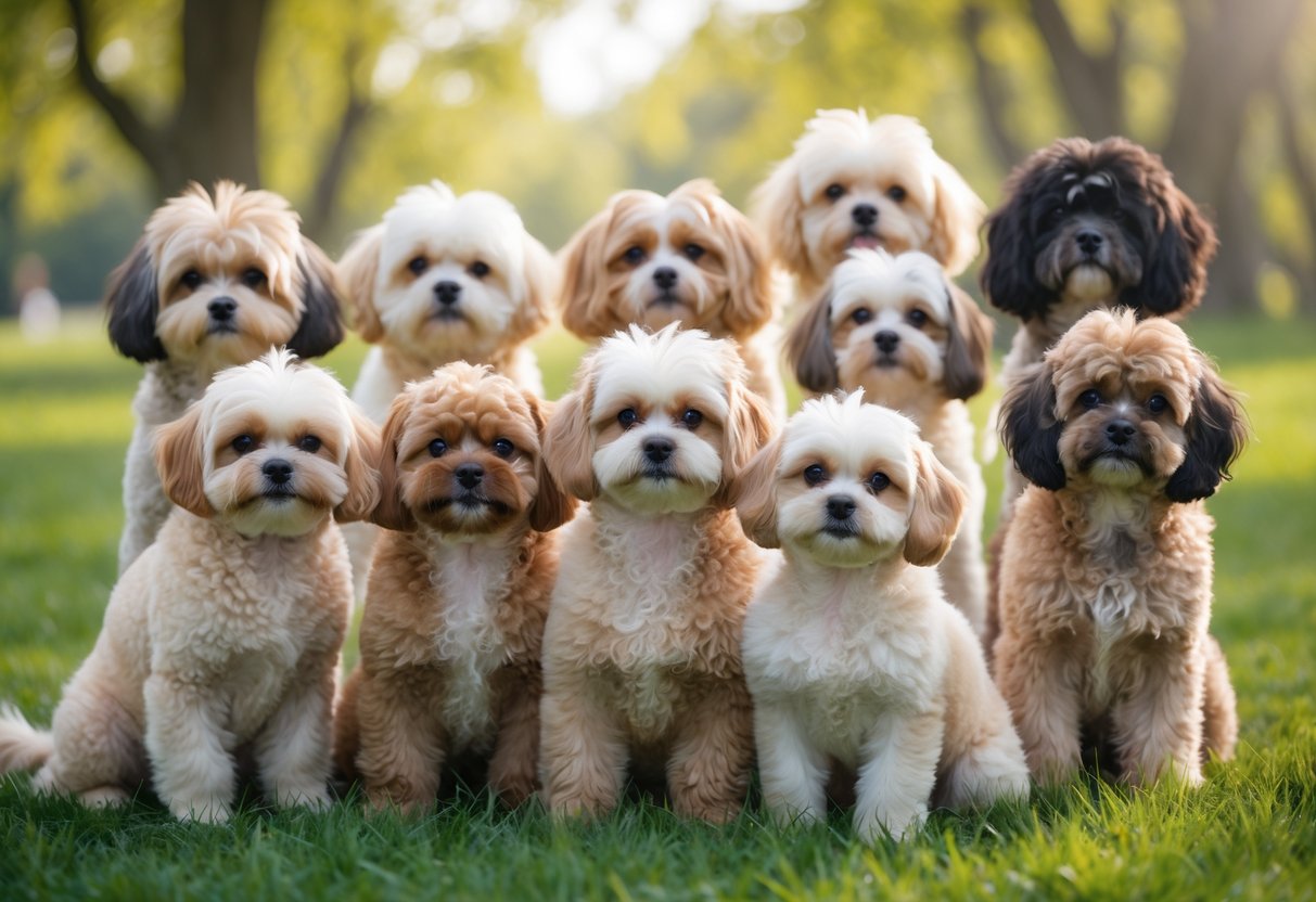 A group of 15 small Peekapoo dogs sitting and standing on green grass outdoors with trees in the background.