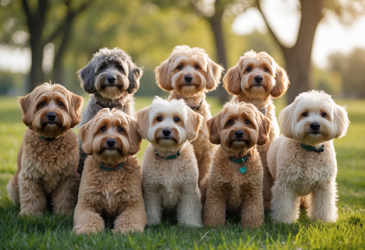 A group of 15 Whoodle dogs with light brown and cream curly coats sitting and standing on green grass in a park.