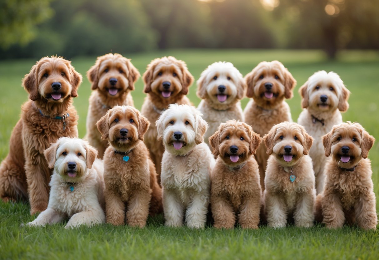Fifteen Groodle dogs with curly and wavy coats in various golden and cream colors, sitting and playing together on green grass outdoors.