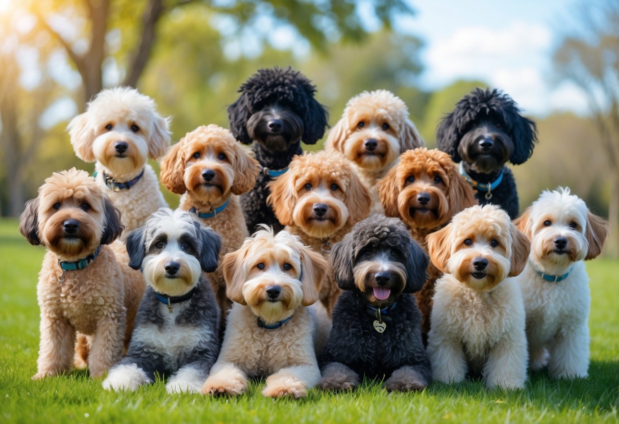 Fifteen Doodle dogs of different colors and fur types sitting and standing together outdoors on green grass with trees and sky in the background.