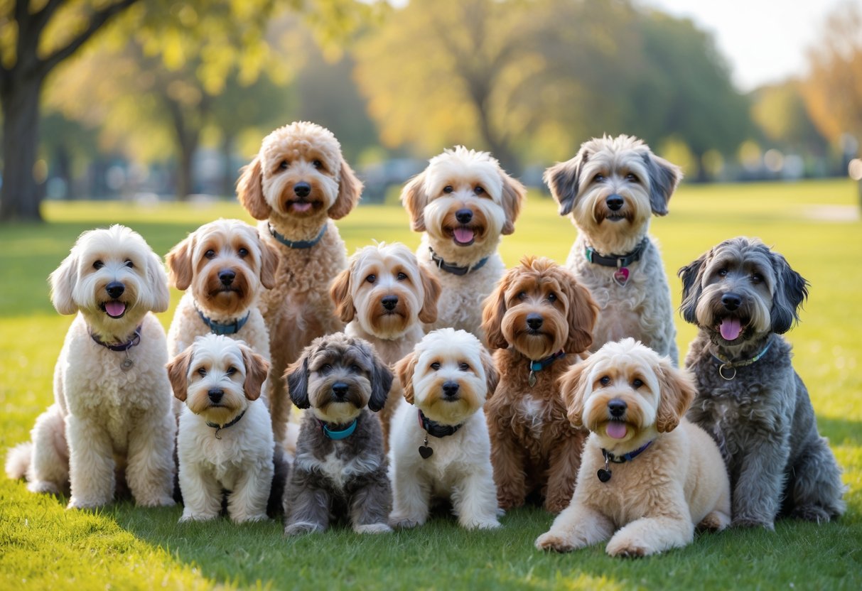 A group of 15 different types of Doodle dogs gathered together outdoors on grass in a park.