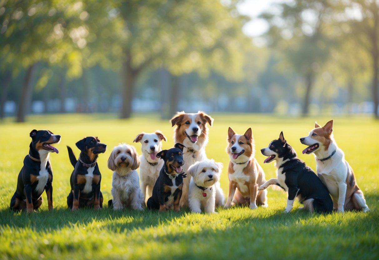 Fifteen dogs of different breeds playing together on green grass in a sunny park.