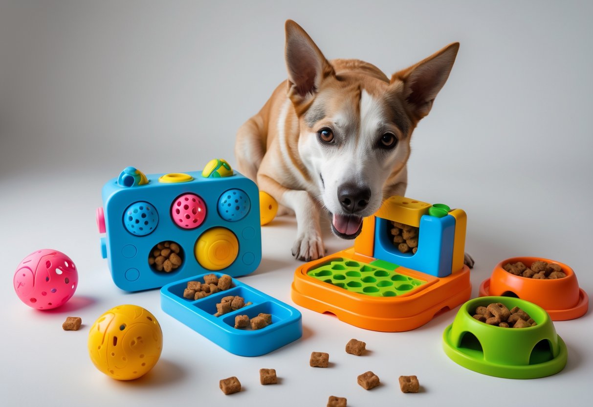 A dog playing with several colorful food puzzle toys designed to provide mental exercise.