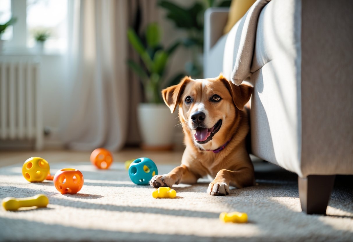 A dog playing hide and seek by peeking out from behind a sofa in a bright living room with toys scattered around.