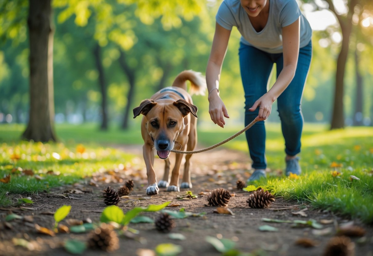 A dog sniffing the ground outdoors while its owner guides it through a scent tracking exercise in a green park.