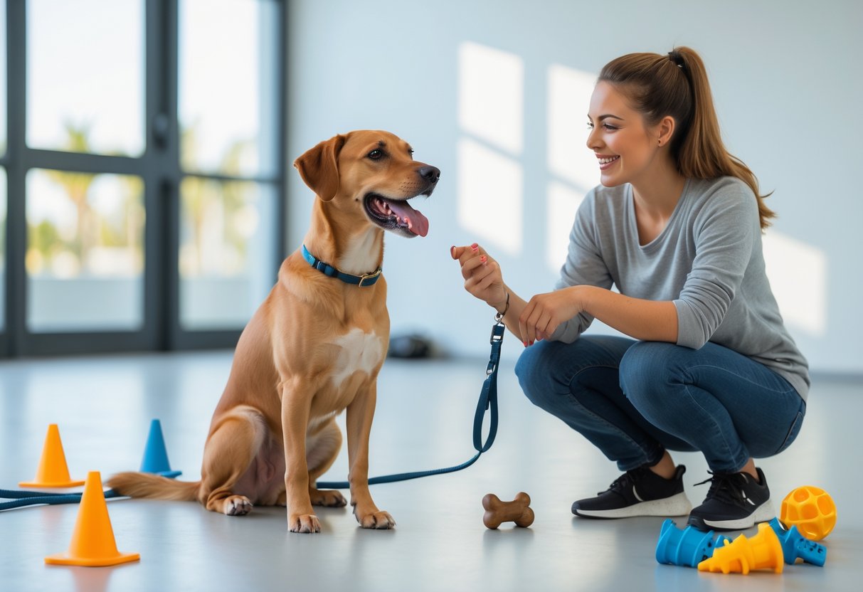 A dog sitting attentively in a bright indoor training area looking at a trainer holding a treat, surrounded by training tools.
