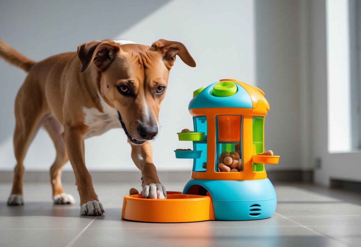 A dog playing with an interactive treat dispenser toy indoors, focusing on solving the puzzle to get treats.