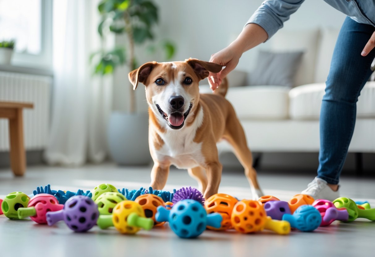 A dog playing with colorful toys on the floor while a person guides it in a training game inside a bright living room.