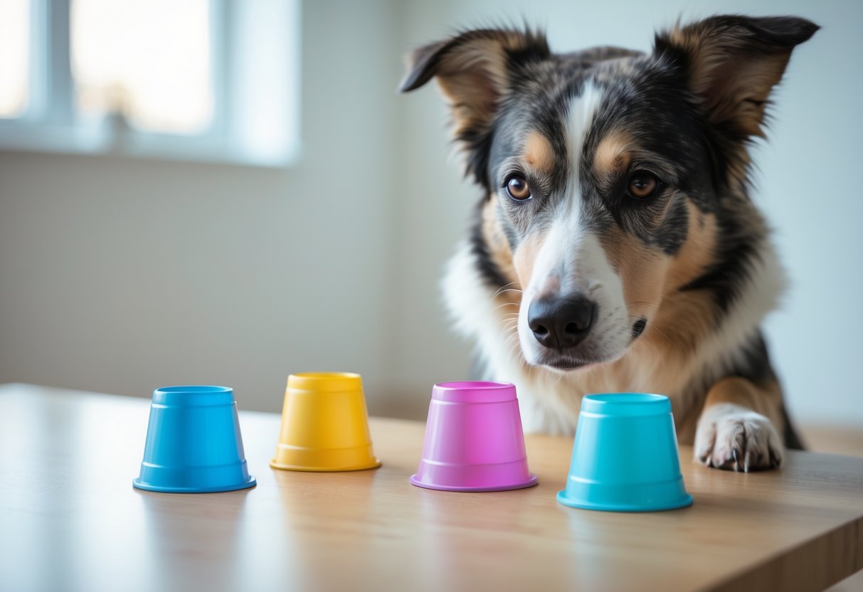 A dog attentively watching three cups on a table as a hand moves one cup during a shell game.