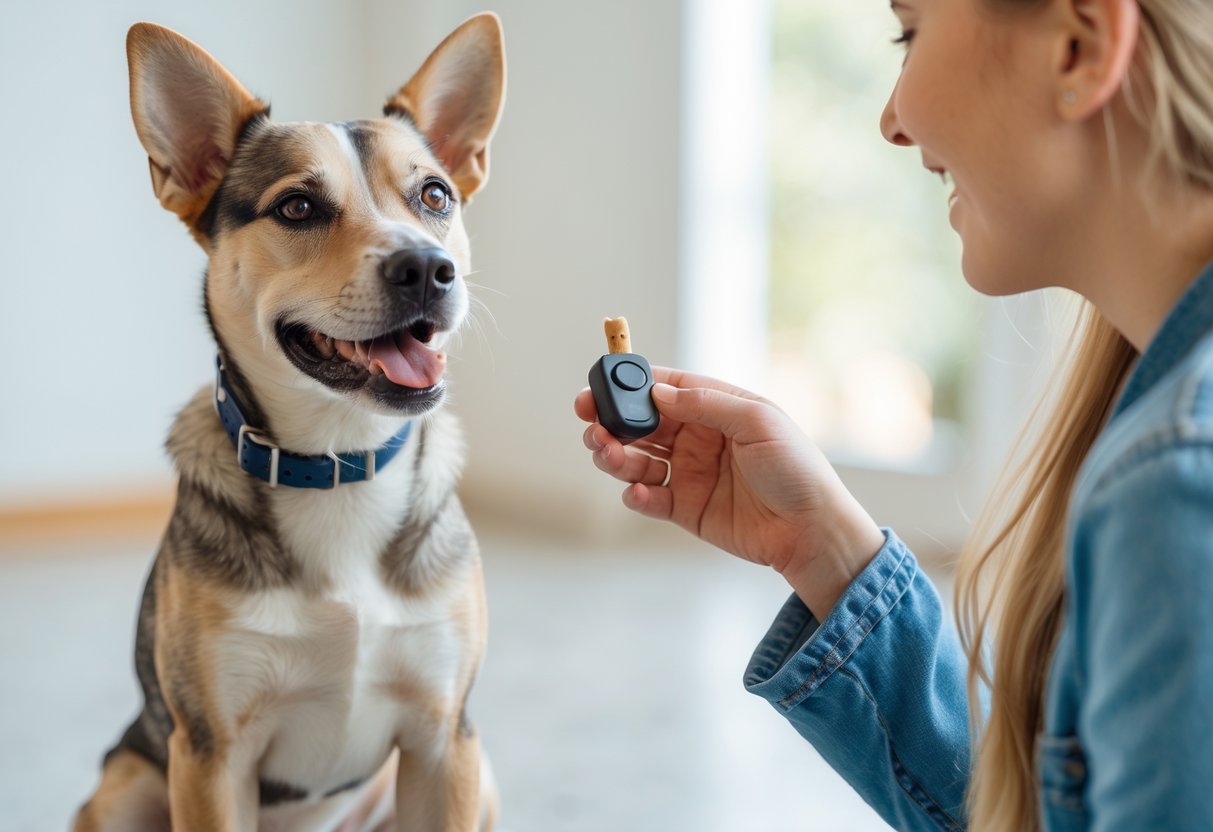A dog sitting attentively while a person uses a clicker to train it indoors.