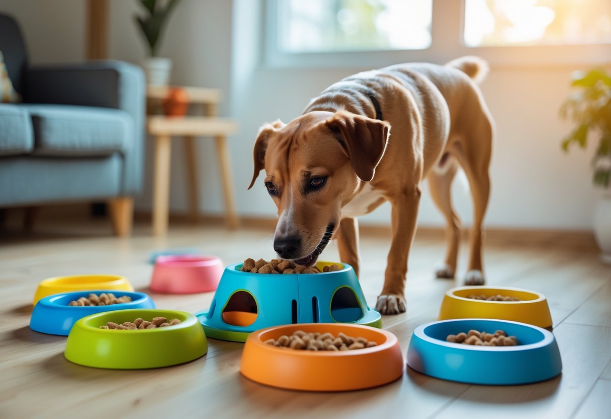 A medium-sized dog using a puzzle feeder toy on a wooden floor surrounded by various colorful puzzle feeders in a bright indoor room.