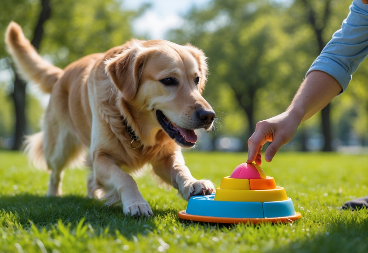 A golden retriever dog playing with a puzzle toy outdoors while a person guides its paw.