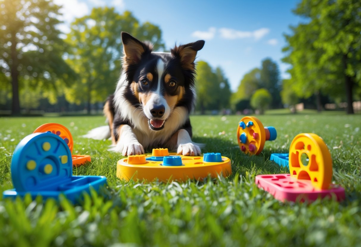 A dog playing with a puzzle toy outdoors in a park, focused and engaged in a mental exercise.