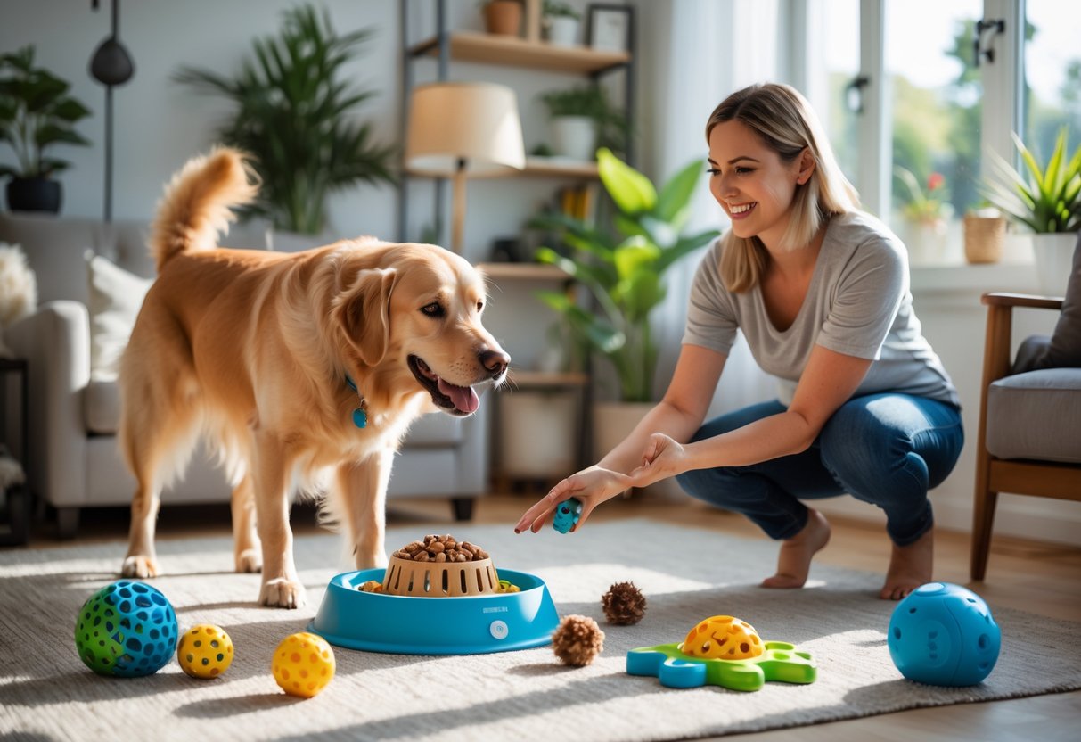 A golden retriever dog playing with a puzzle feeder on the floor while its owner encourages it in a sunlit living room.