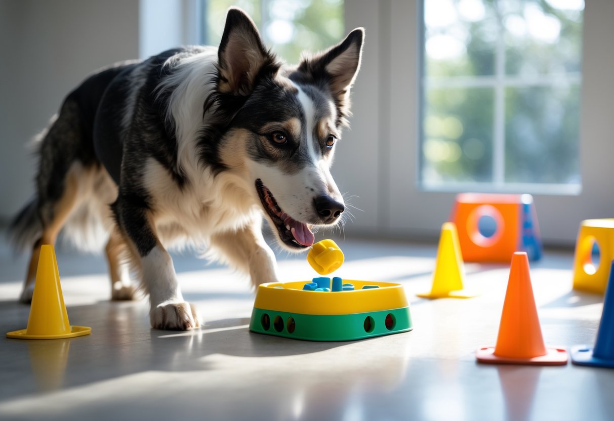 A dog focused on playing with a puzzle toy indoors surrounded by dog training tools.