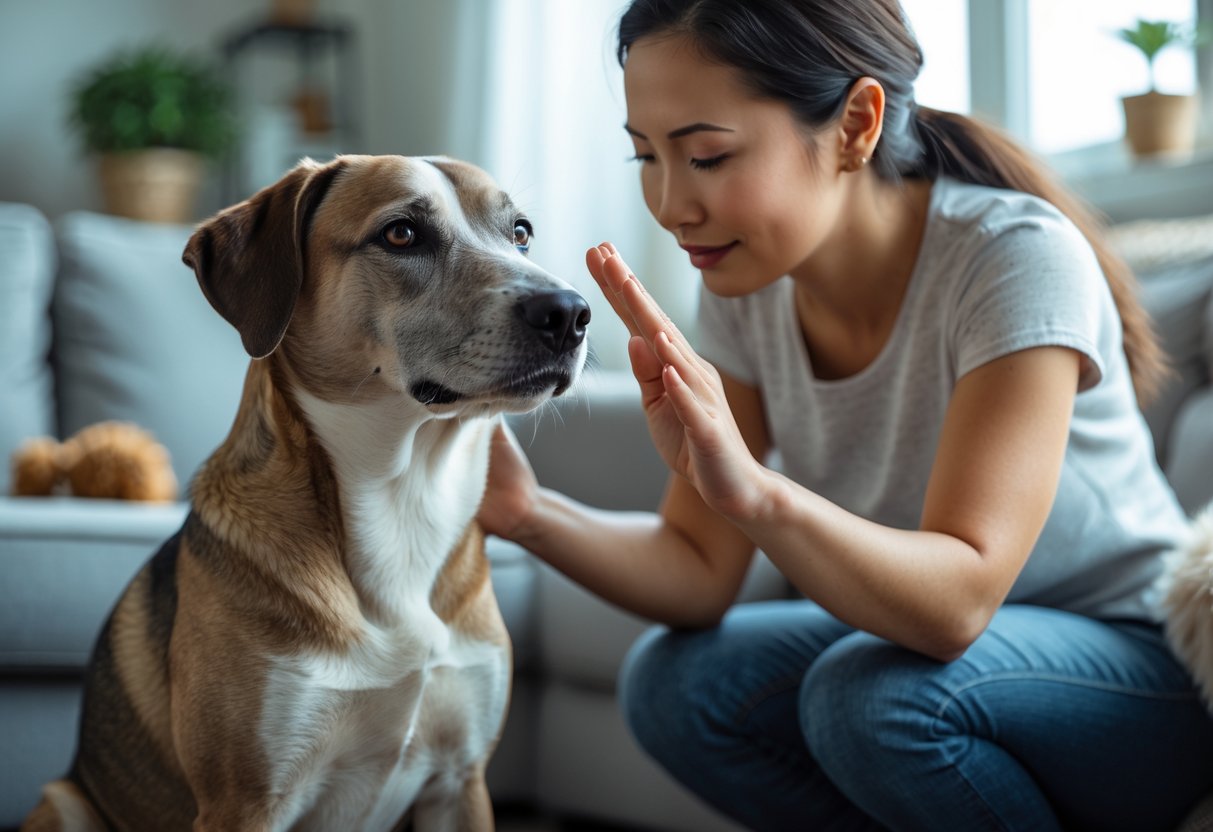 A person gently interacting with a calm dog indoors in a cozy home setting.