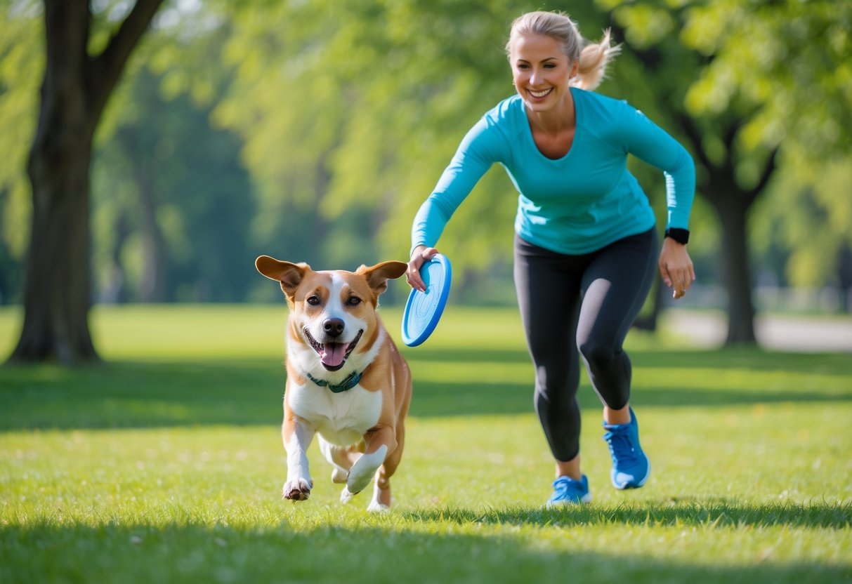 A person playing fetch with a happy dog running in a grassy park.