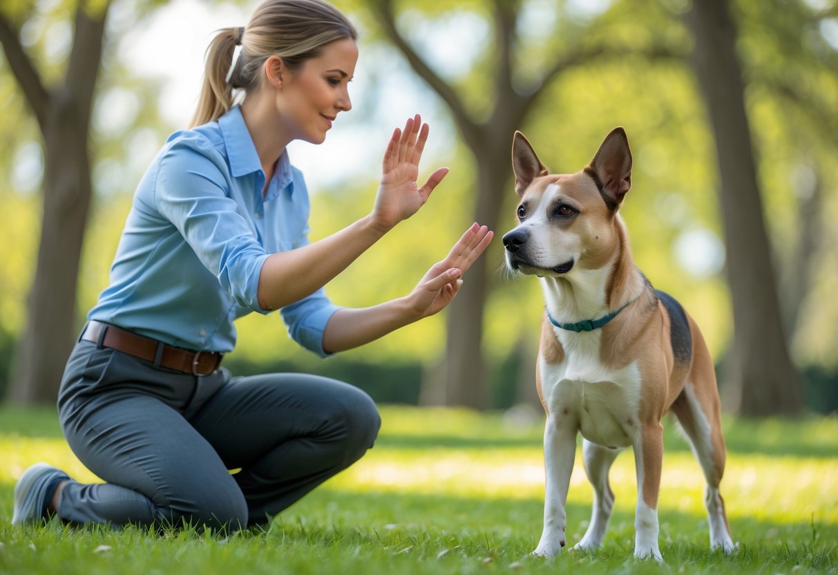 A dog trainer outdoors using hand signals to communicate with an attentive dog in a park.