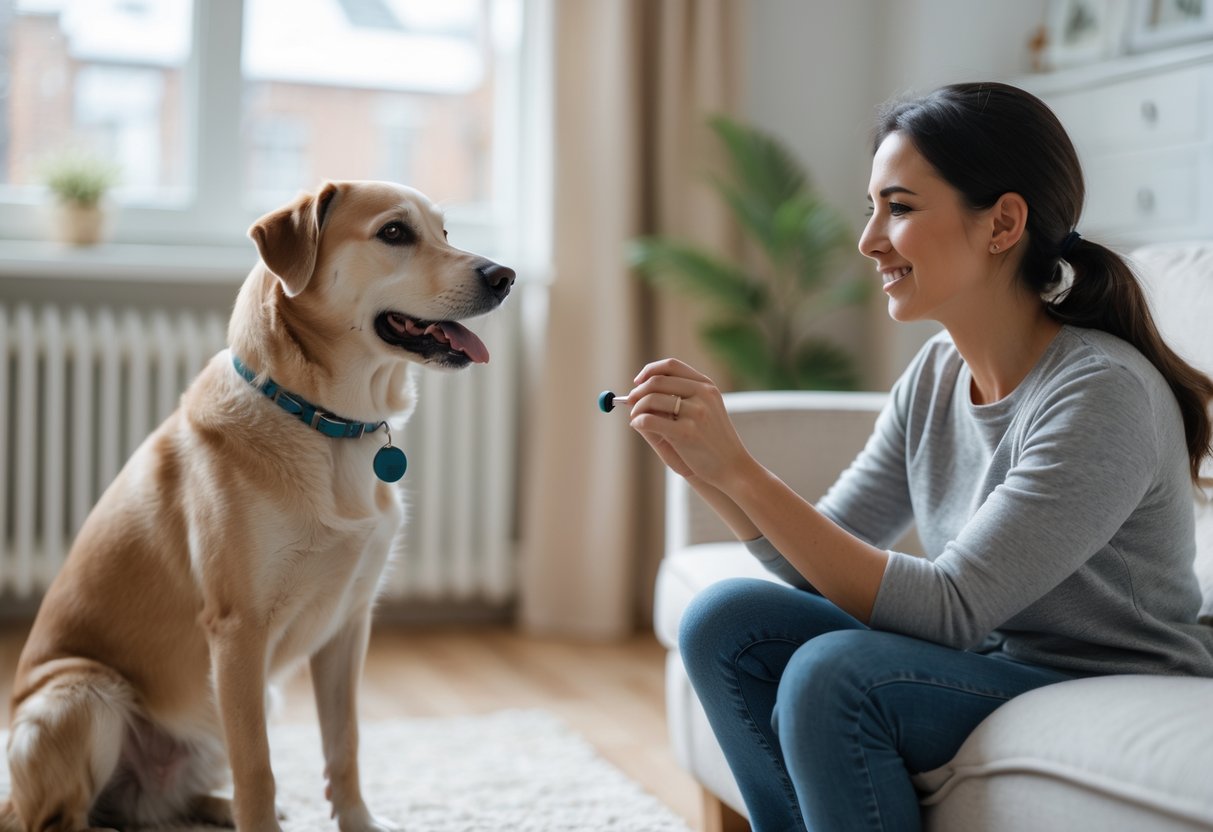 A dog sitting calmly next to its owner in a living room during a training session.