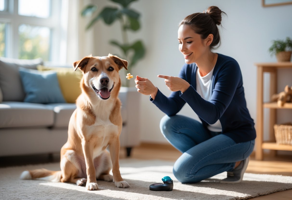 A person kneeling next to a calm dog, holding a treat during a training session in a bright living room.
