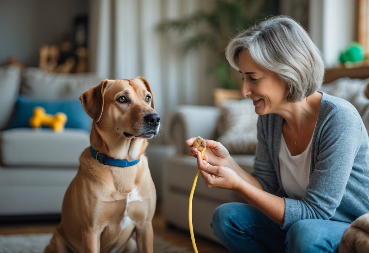 A dog owner calmly training a medium-sized dog indoors, offering a treat while the dog sits attentively.