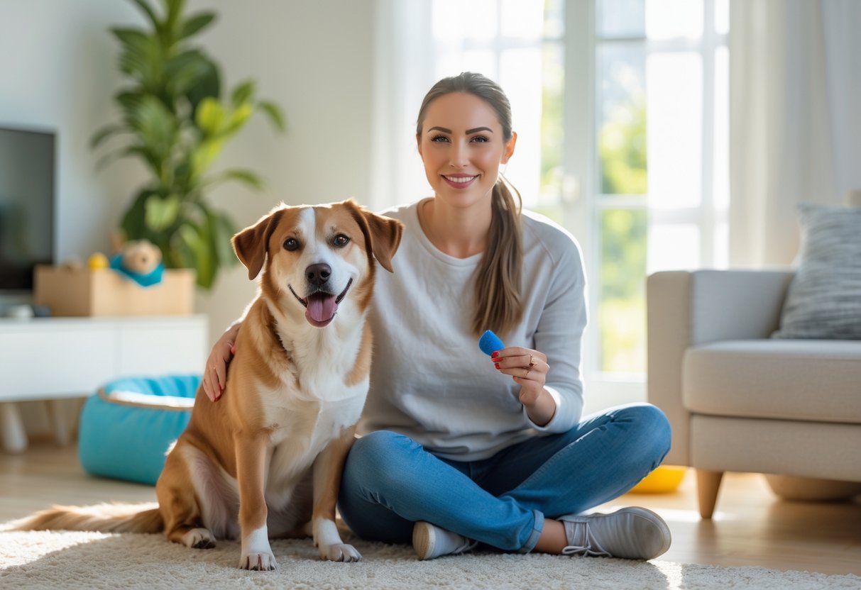 A dog sitting calmly next to its smiling owner in a bright living room with dog toys and a bed nearby.