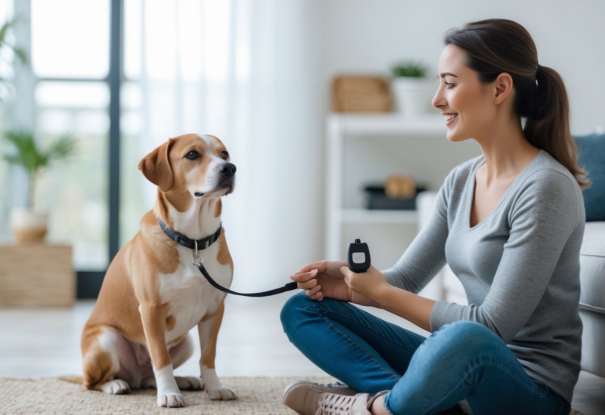 A calm dog sitting next to its owner in a bright living room with pet training items nearby.