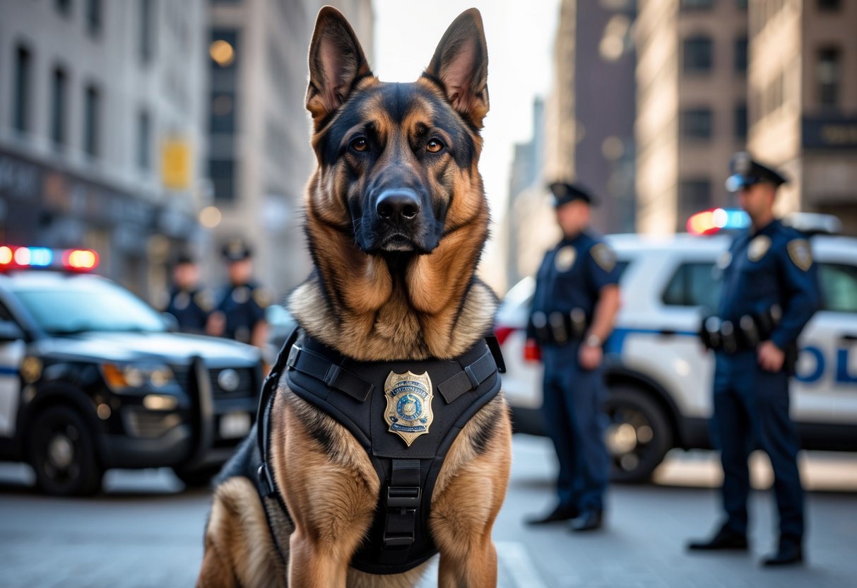 A German Shepherd police dog wearing a tactical harness standing alert in an urban setting with police vehicles and officers in the background.