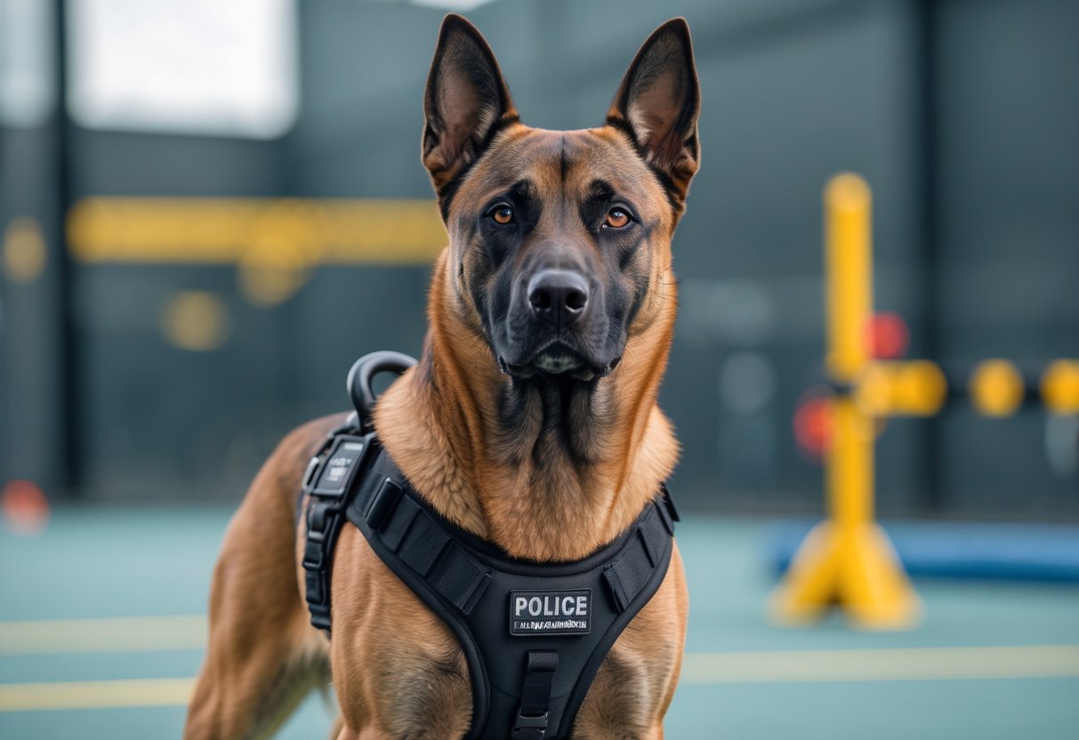 A Belgian Malinois police dog wearing a harness standing alert in a training area.