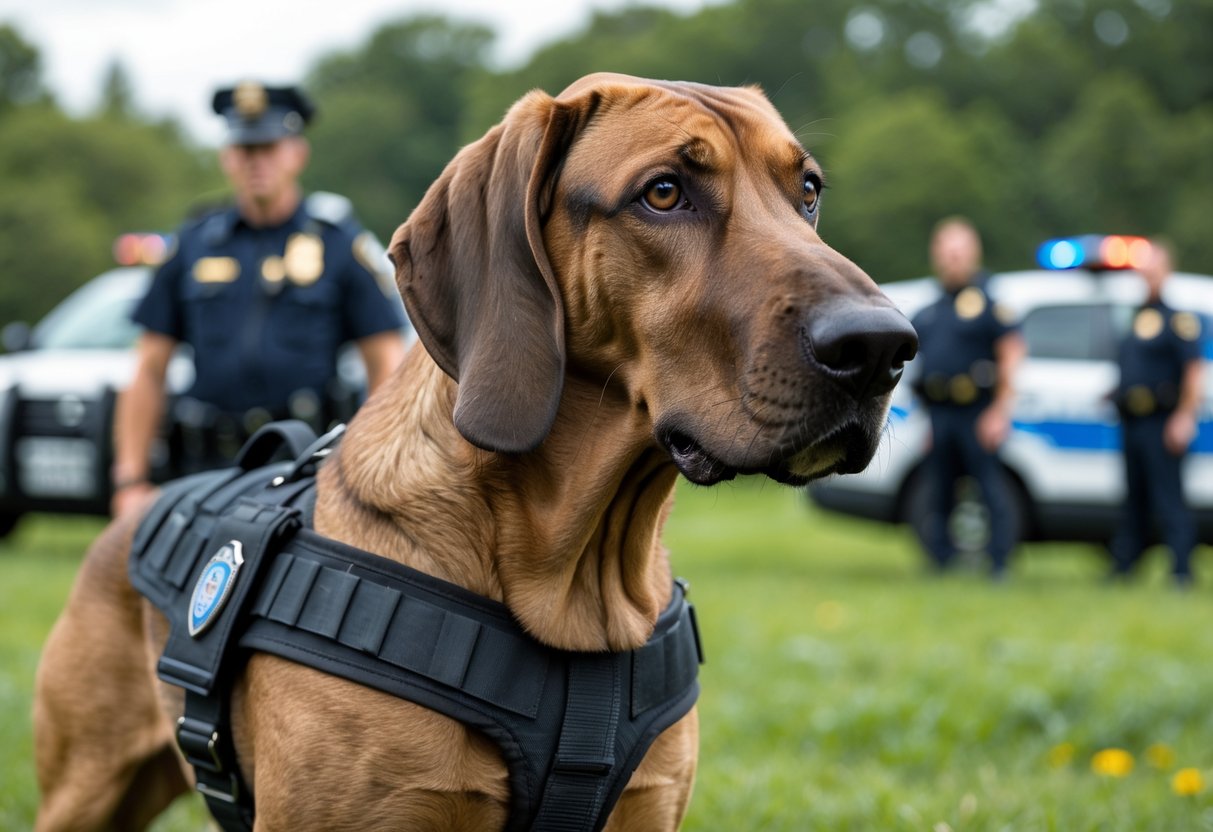 A Bloodhound dog wearing a police working dog harness standing alert outdoors with police officers and vehicles in the background.