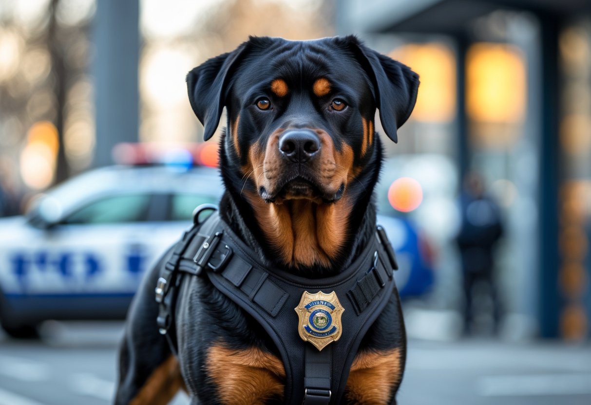 A Rottweiler police dog wearing a black harness standing outdoors with a blurred urban background.