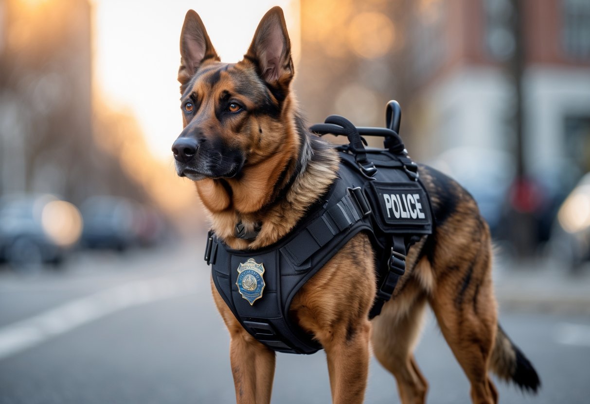 A Dutch Shepherd dog wearing a police harness stands alert in an urban setting.