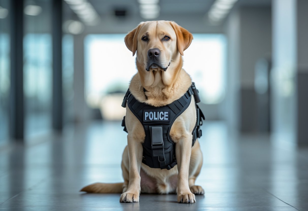 A Labrador Retriever police dog wearing a tactical vest sitting attentively in an urban setting.