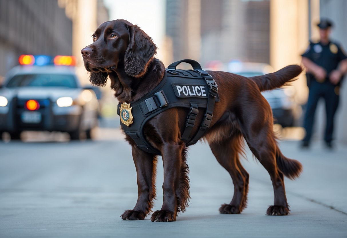 An English Springer Spaniel wearing a police harness standing alert outdoors in an urban police environment.