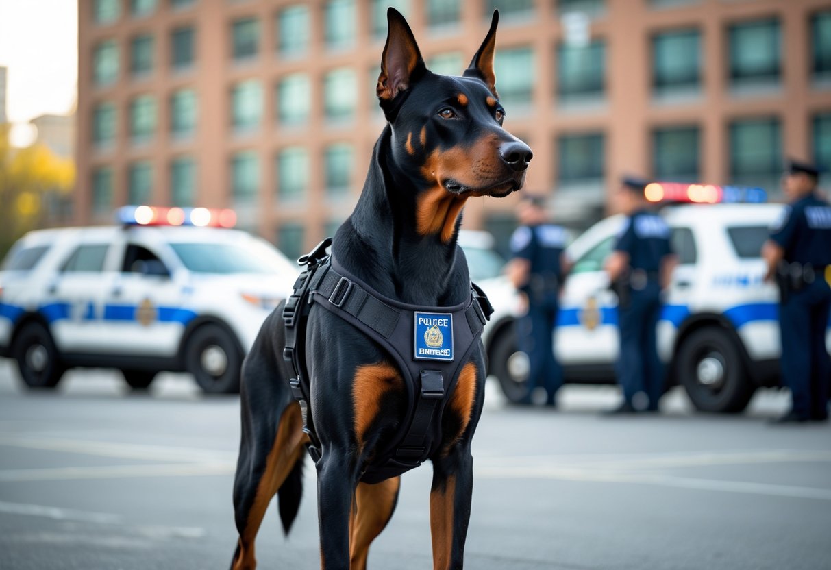 A Doberman Pinscher wearing a police harness stands alert in an urban police training area with officers and vehicles in the background.