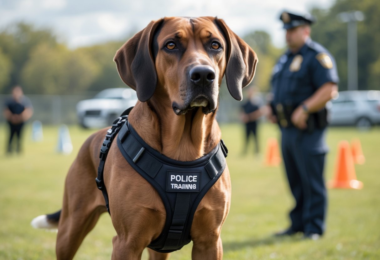 An English Coonhound wearing a black harness standing alert in a police training area with an officer in the background.
