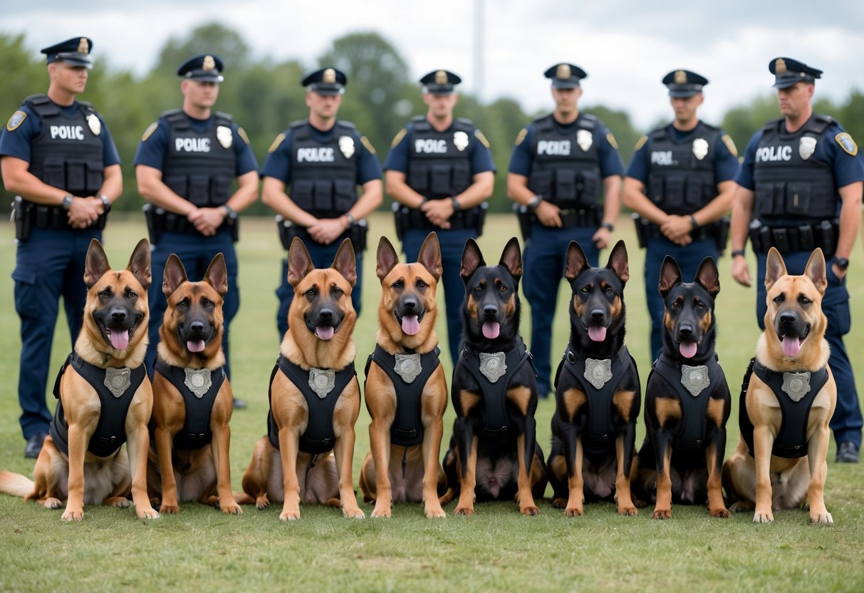 Ten different police dog breeds wearing K9 harnesses with police officers in a training field, showing the dogs alert and ready for work.