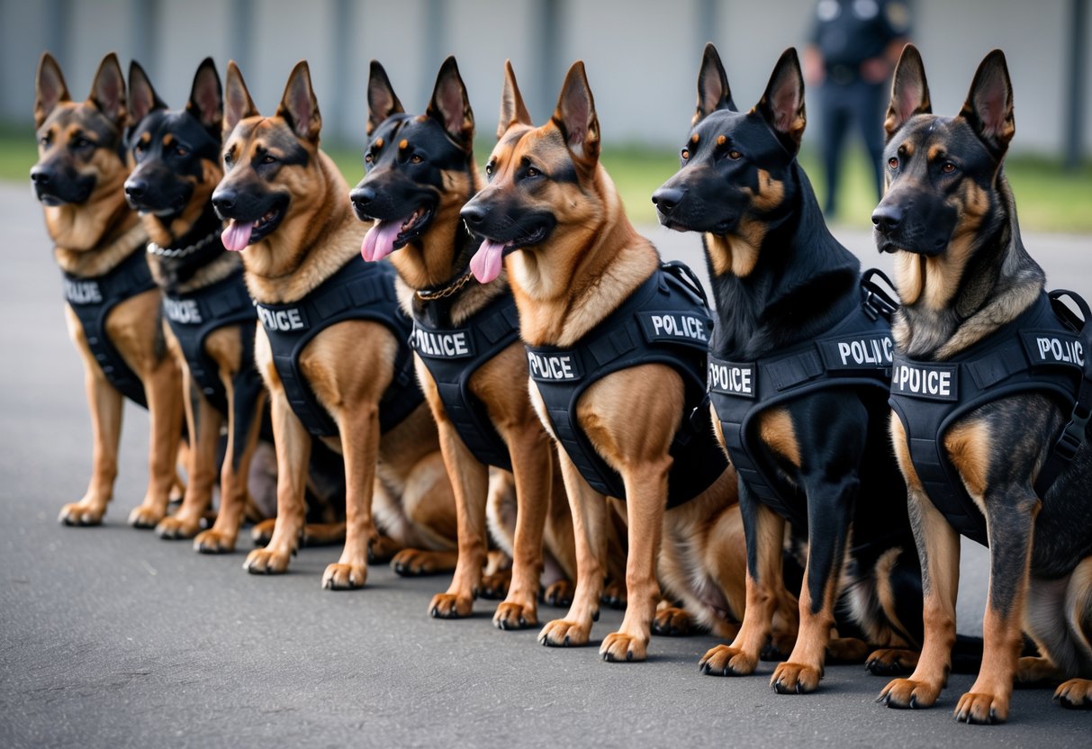 Ten different police dog breeds standing side by side outdoors, all wearing service dog harnesses and looking alert.