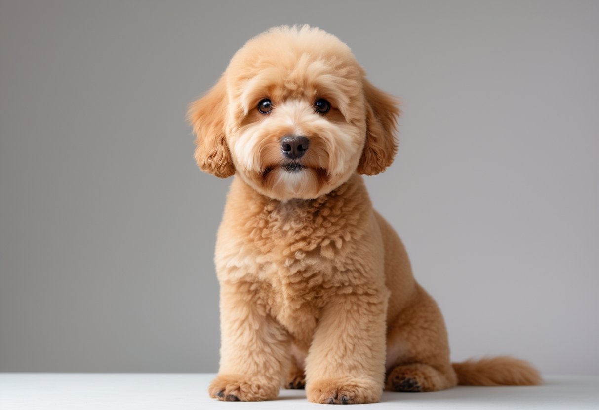 A Mini Goldendoodle dog with a fluffy, rounded Teddy Bear haircut sitting against a plain background.