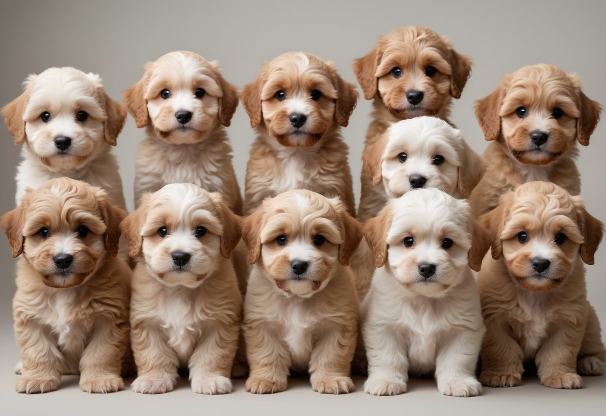 Ten Mini Goldendoodle puppies with different stylish haircuts sitting and standing together against a plain background.