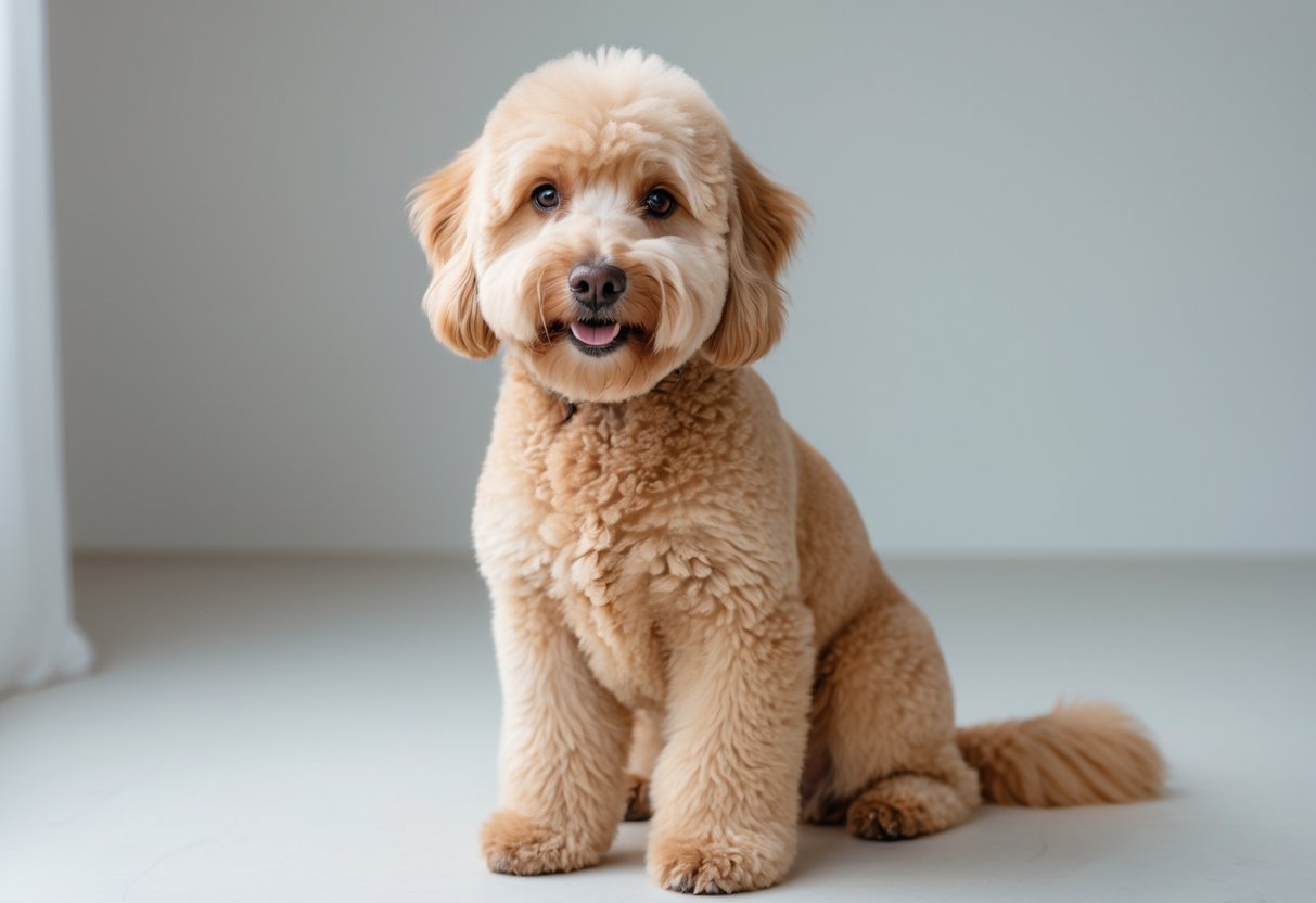 A Mini Goldendoodle dog with a lamb cut haircut sitting calmly against a plain background.