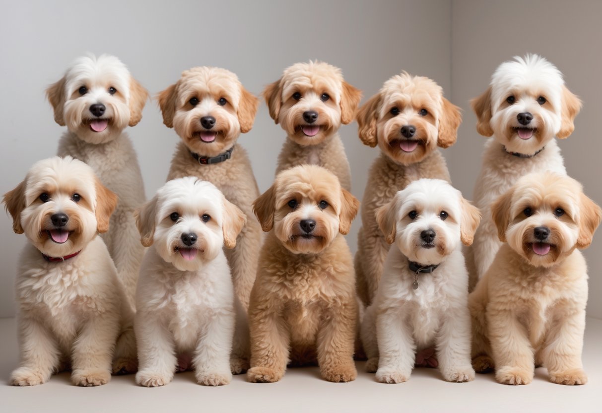 Ten Mini Goldendoodles with different summer haircuts sitting and standing against a neutral background.