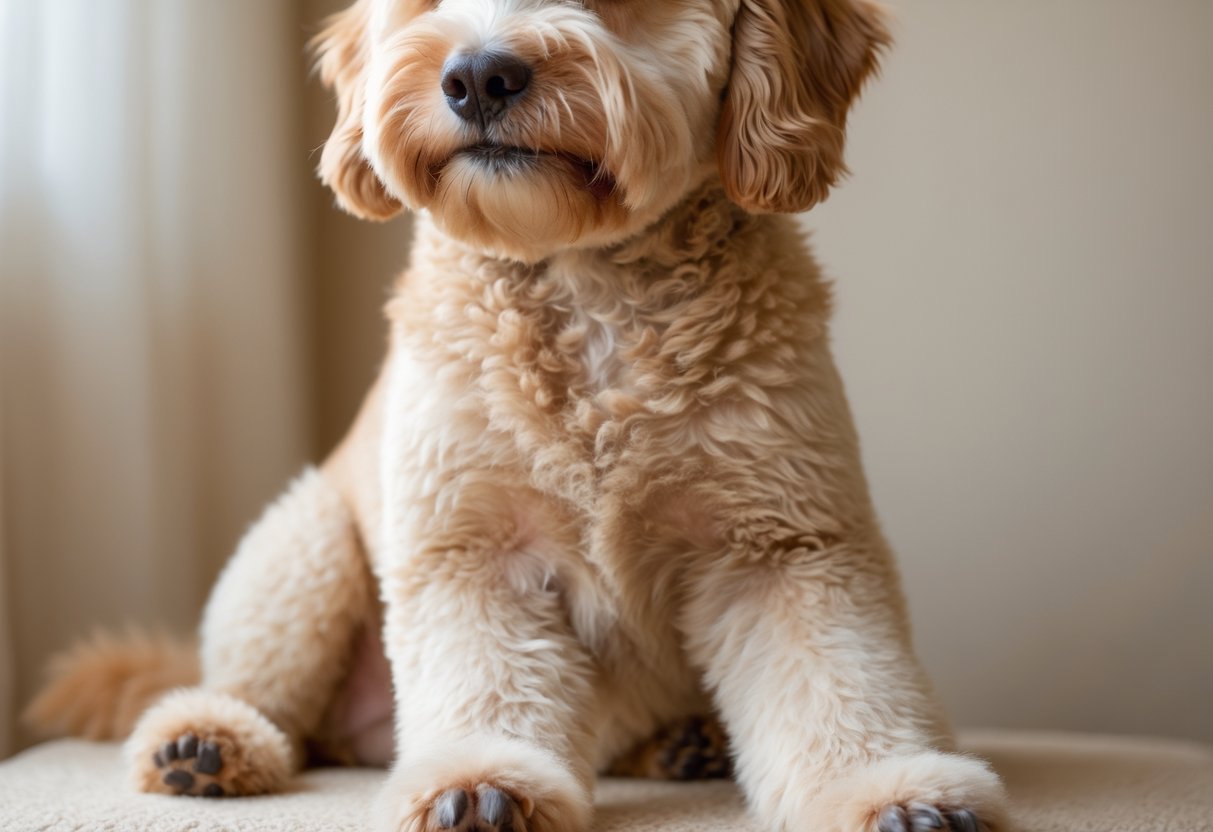 Close-up of a Mini Goldendoodle dog with shaved paws and feet, sitting calmly with trimmed curly golden fur.