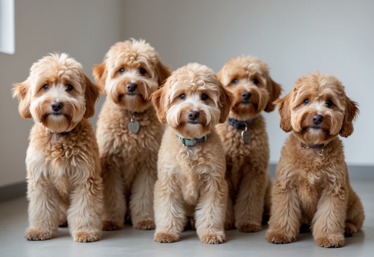 Five Mini Goldendoodle dogs with curly fur and different trimmed haircuts sitting together in a bright indoor setting.