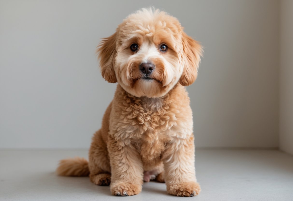 Mini Goldendoodle dog with a rounded ear trim haircut sitting calmly on a neutral background.