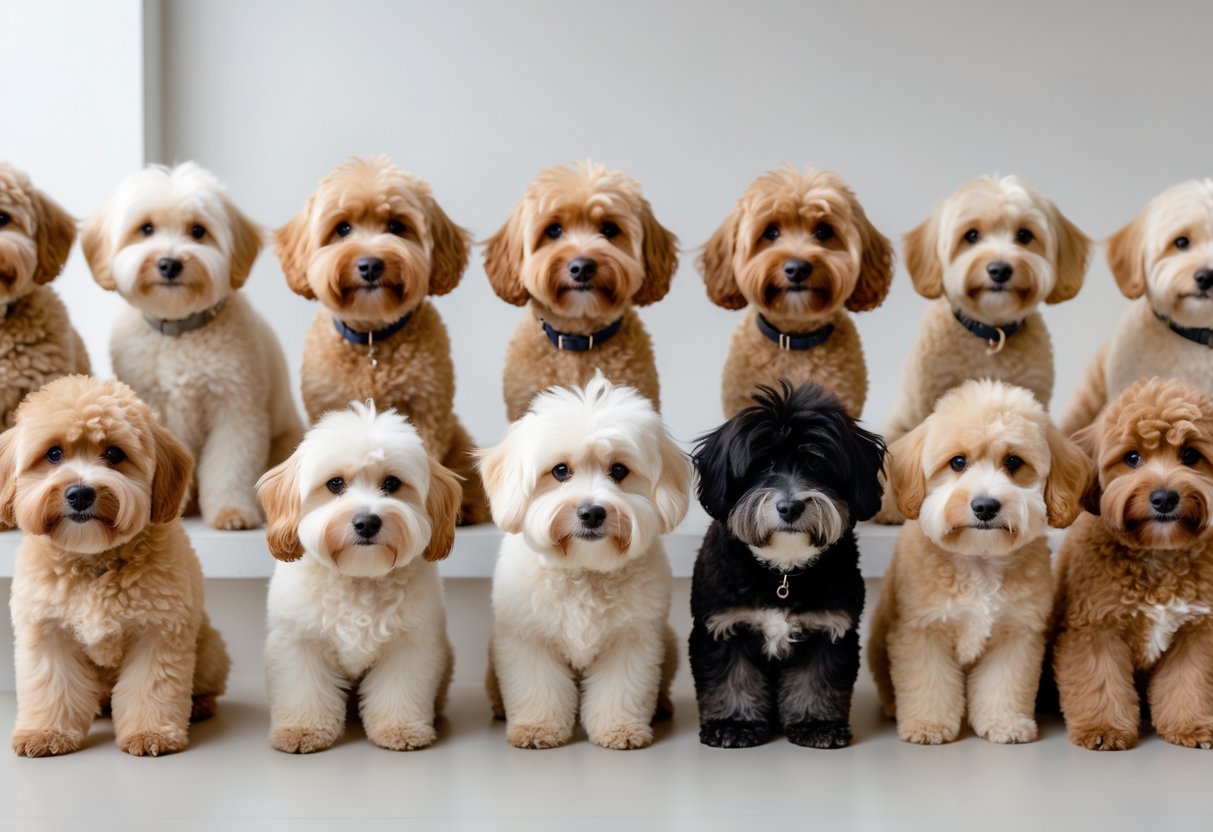 Ten Mini Goldendoodle dogs with different fluffy tail haircuts posed in a bright studio setting.