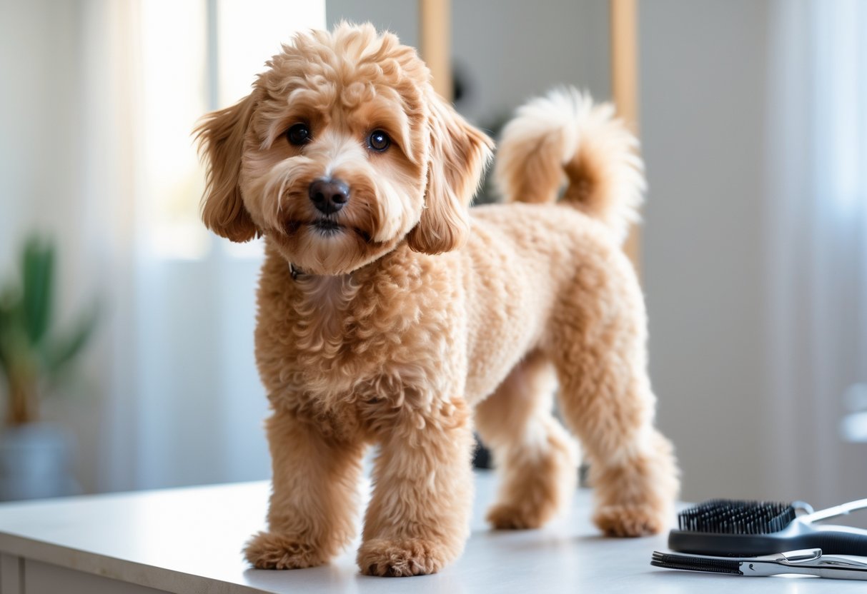 A Mini Goldendoodle dog with a neat haircut sitting indoors with grooming tools nearby.
