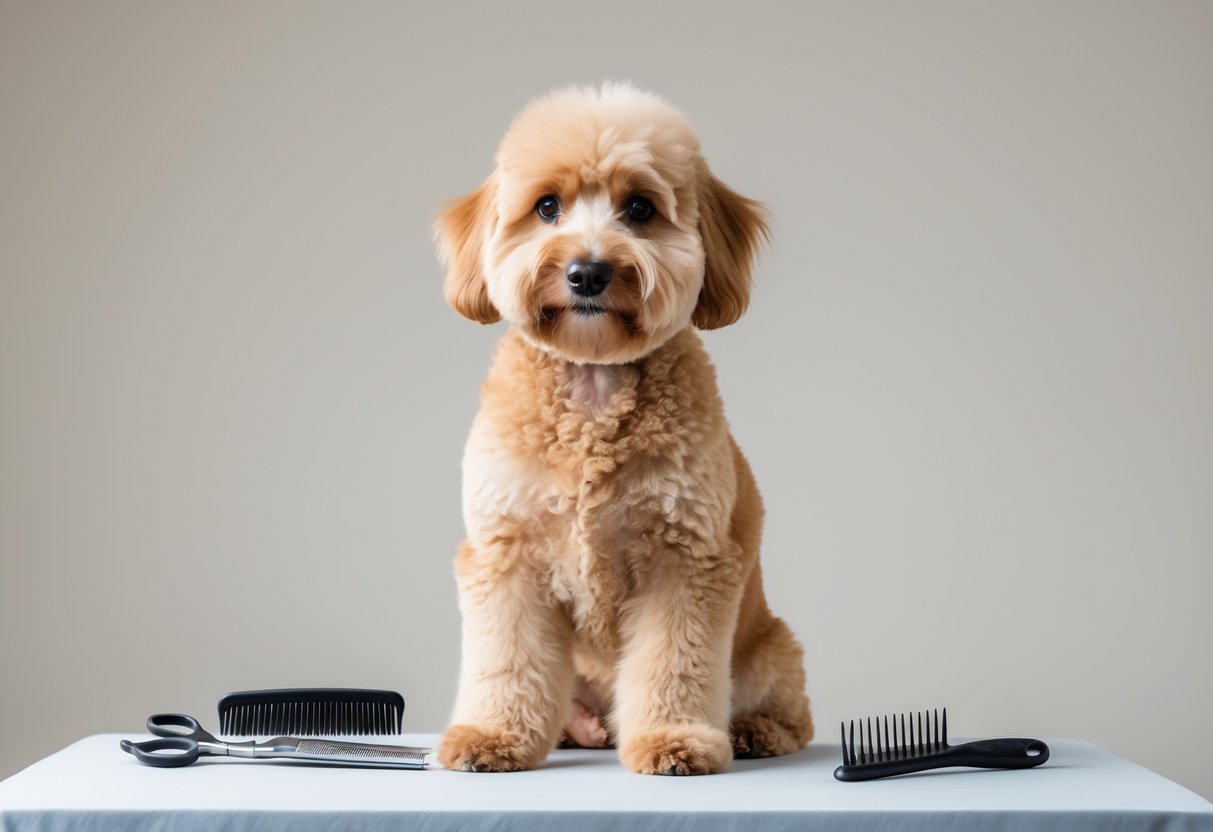 A Mini Goldendoodle dog with a fresh haircut sitting next to grooming tools on a table.